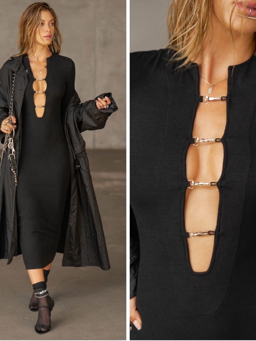 NWT Joah Brown Clasp Midi Dress XS/S Black Flex Rib
